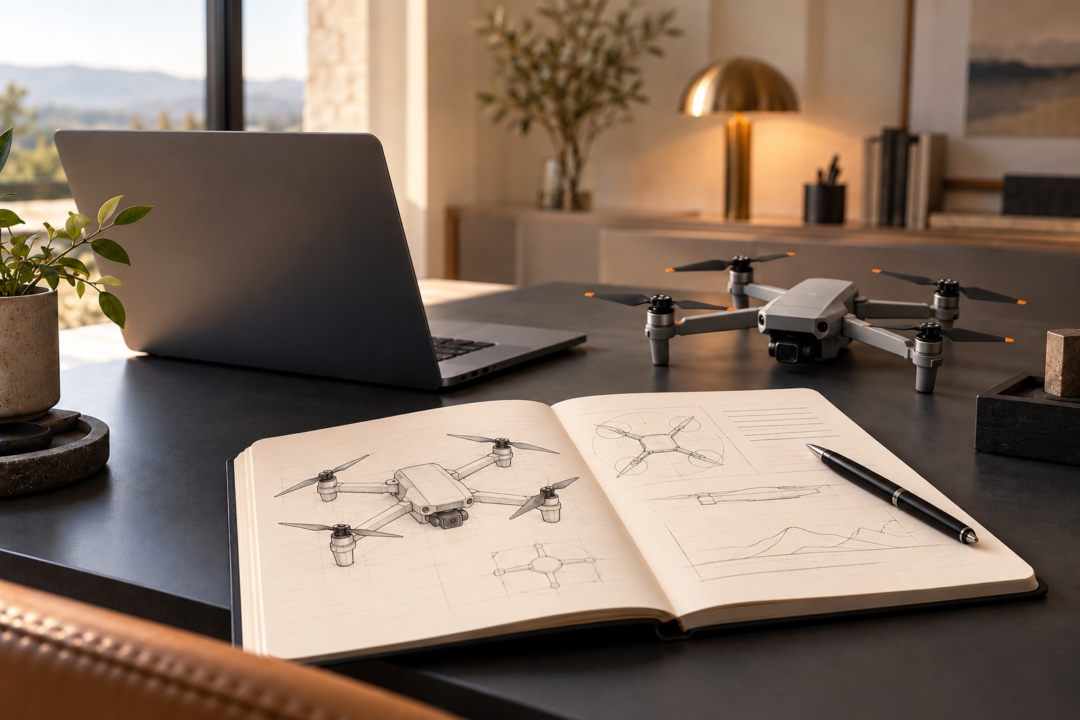 Illustrative learning workspace with notebook and drone